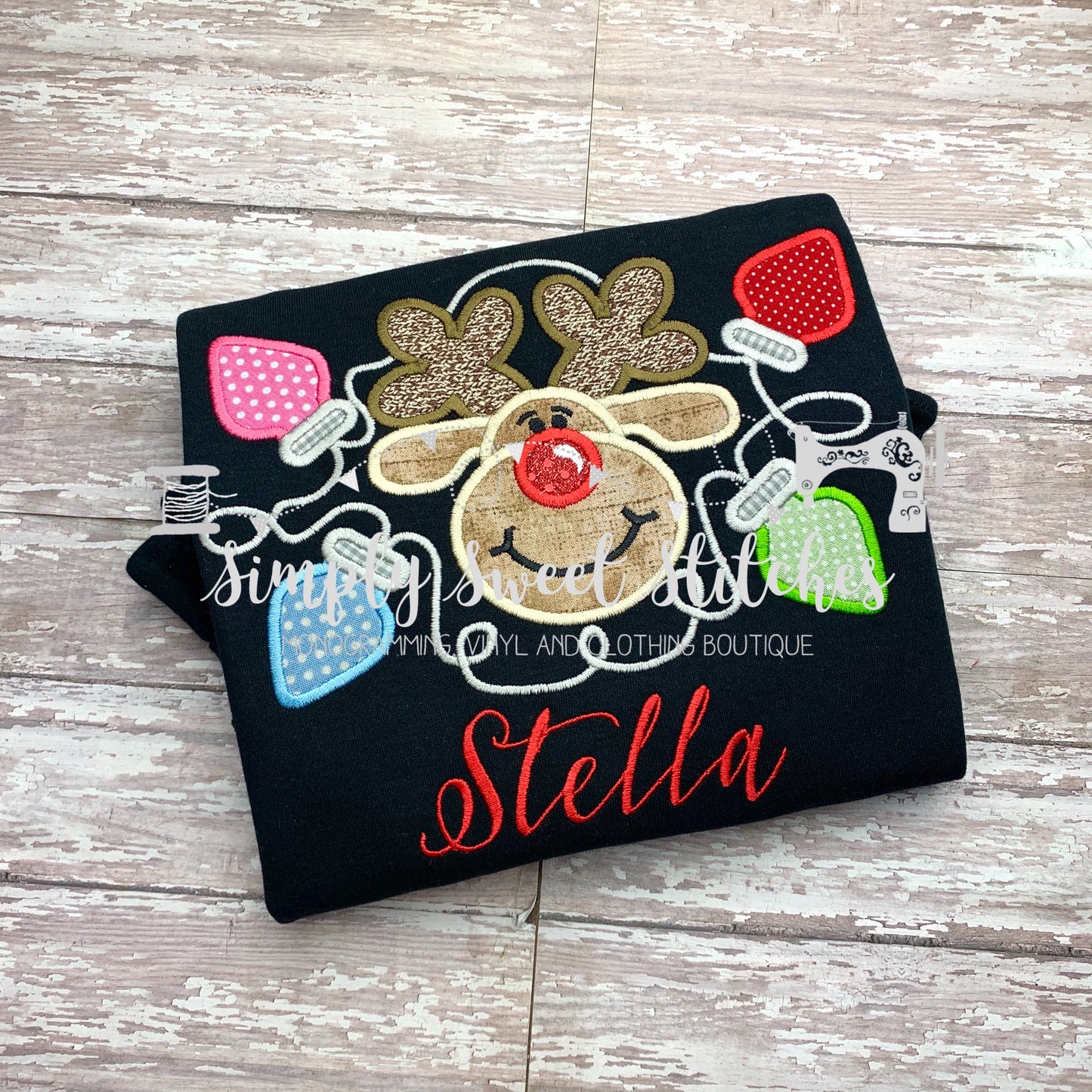 1305 - REINDEER WITH LIGHTS - APPLIQUE CHILD SHIRT