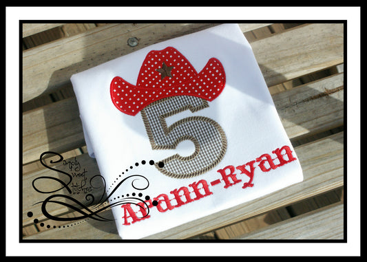 1076 - COWBOY HAT BIRTHDAY NUMBER - APPLIQUE CHILD SHIRT