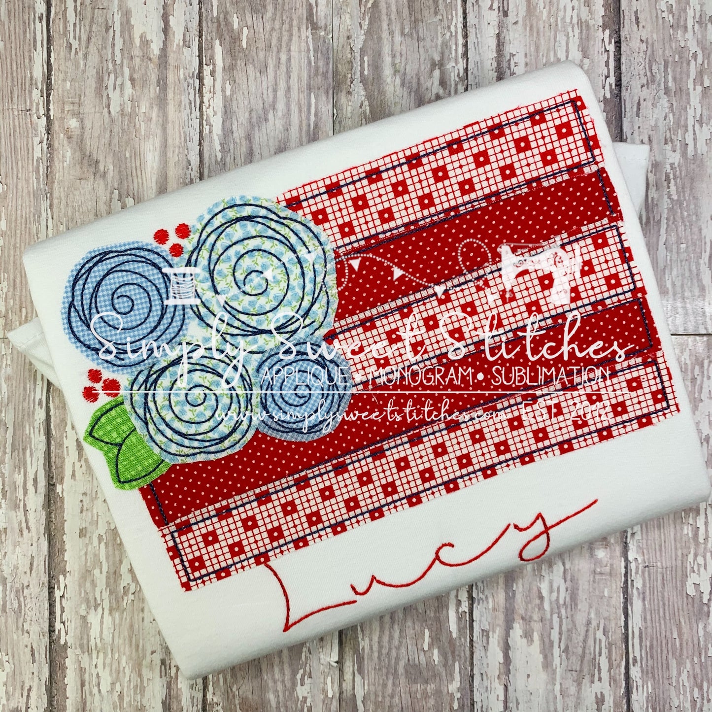 1603 - PATRIOTIC FLAG WITH FLOWERS - APPLIQUE CHILD SHIRT
