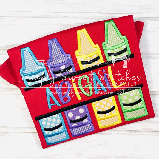 2142 - SPLIT CRAYON WITH NAME SATIN - APPLIQUE CHILD SHIRT