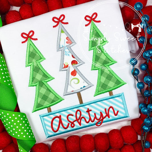 2200 - CHRISTMAS TREE WITH BOWS TRIO WITH NAME BOW - APPLIQUE CHILD SHIRT