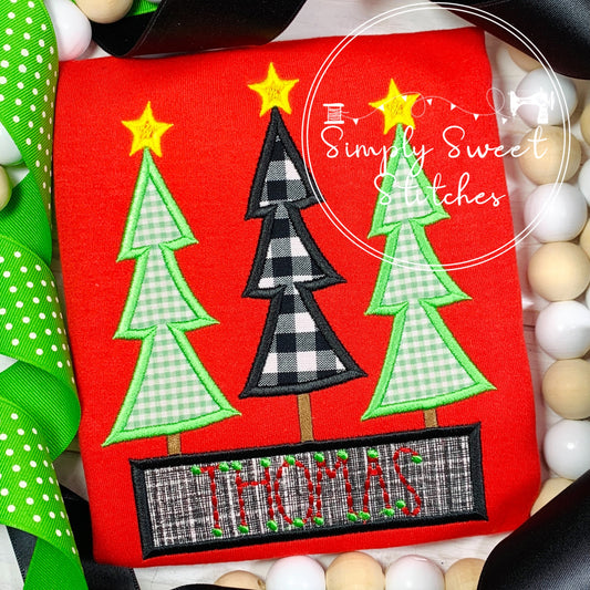 2201 - CHRISTMAS TREE WITH STARS TRIO WITH NAME BOW - APPLIQUE CHILD SHIRT