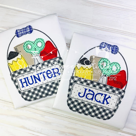 1744 - SCHOOL SUPPLIES BUCKET - APPLIQUE CHILD SHIRT