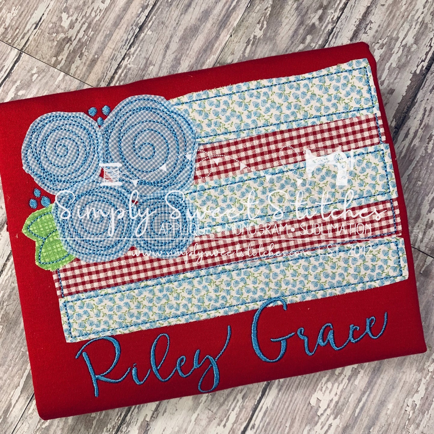 1603 - PATRIOTIC FLAG WITH FLOWERS - APPLIQUE CHILD SHIRT