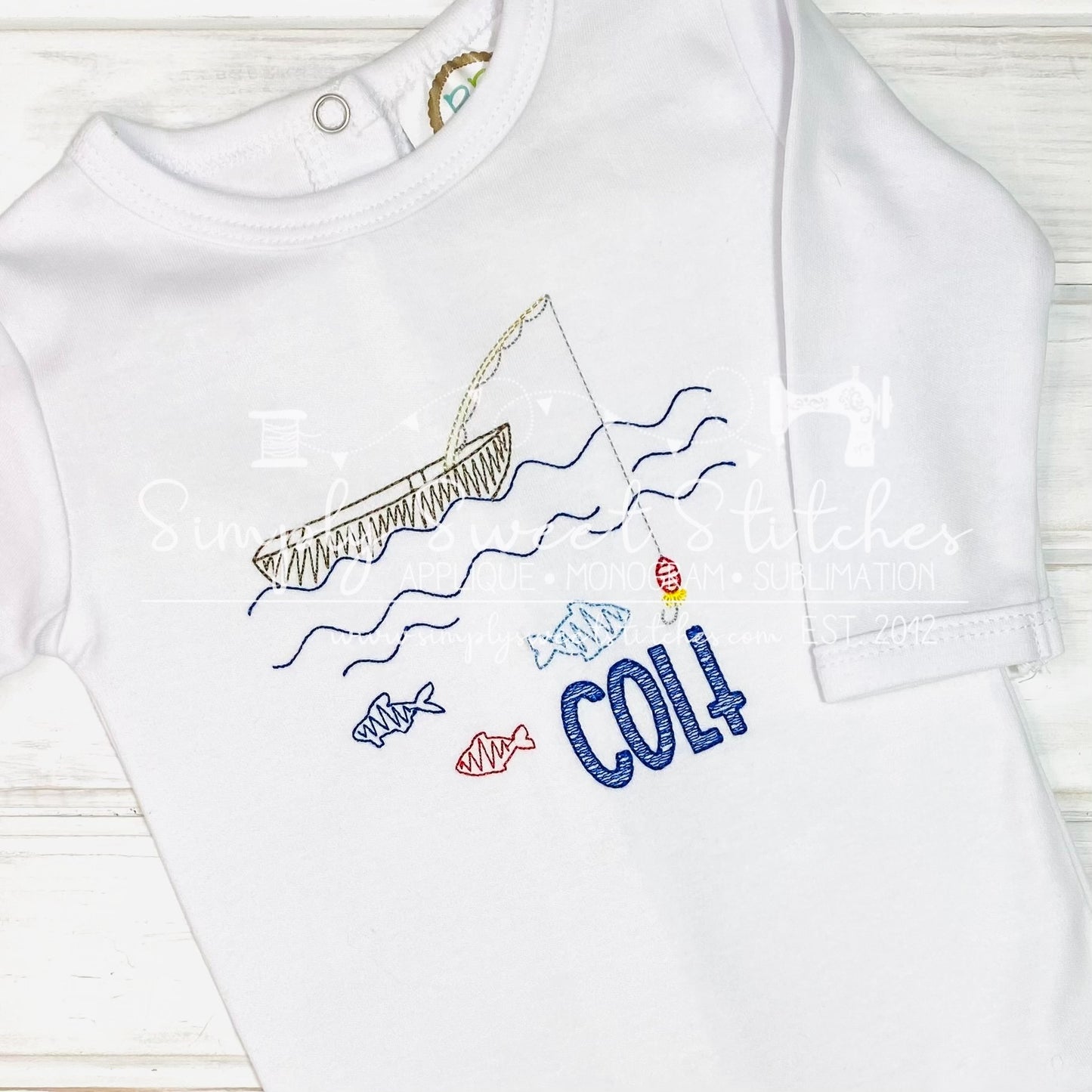 2982 - BOAT WITH FISHING POLE AND FISH SKETCH APPLIQUE - CHILD SHIRT