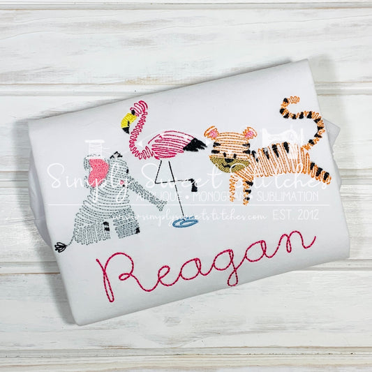 1595 - SWIRLY ZOO ELEPHANT FLAMINGO TIGER - SKETCH CHILD SHIRT