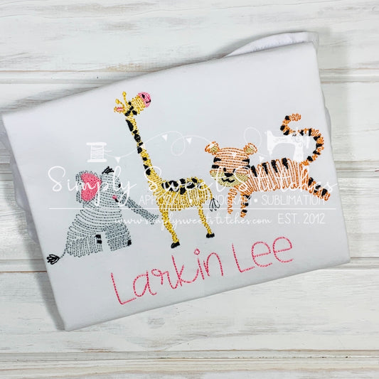 1592 - SWIRLY ZOO ELEPHANT GIRAFFE TIGER - SKETCH CHILD SHIRT