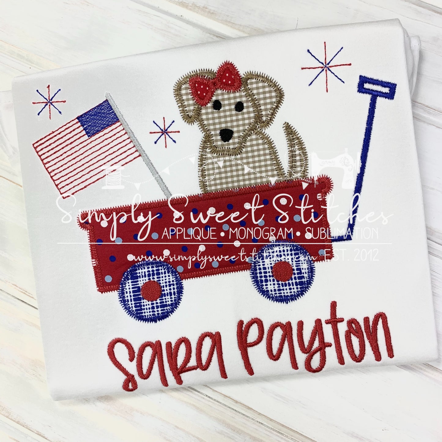 1691 - GIRL PATRIOTIC DOG IN WAGON - APPLIQUE CHILD SHIRT