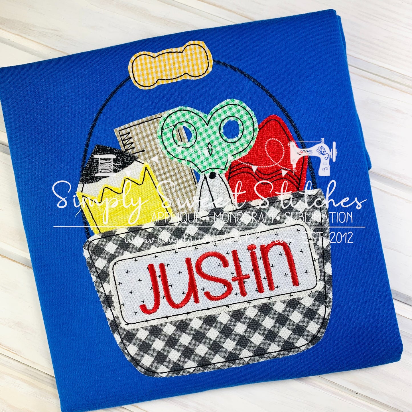 1744 - SCHOOL SUPPLIES BUCKET - APPLIQUE CHILD SHIRT