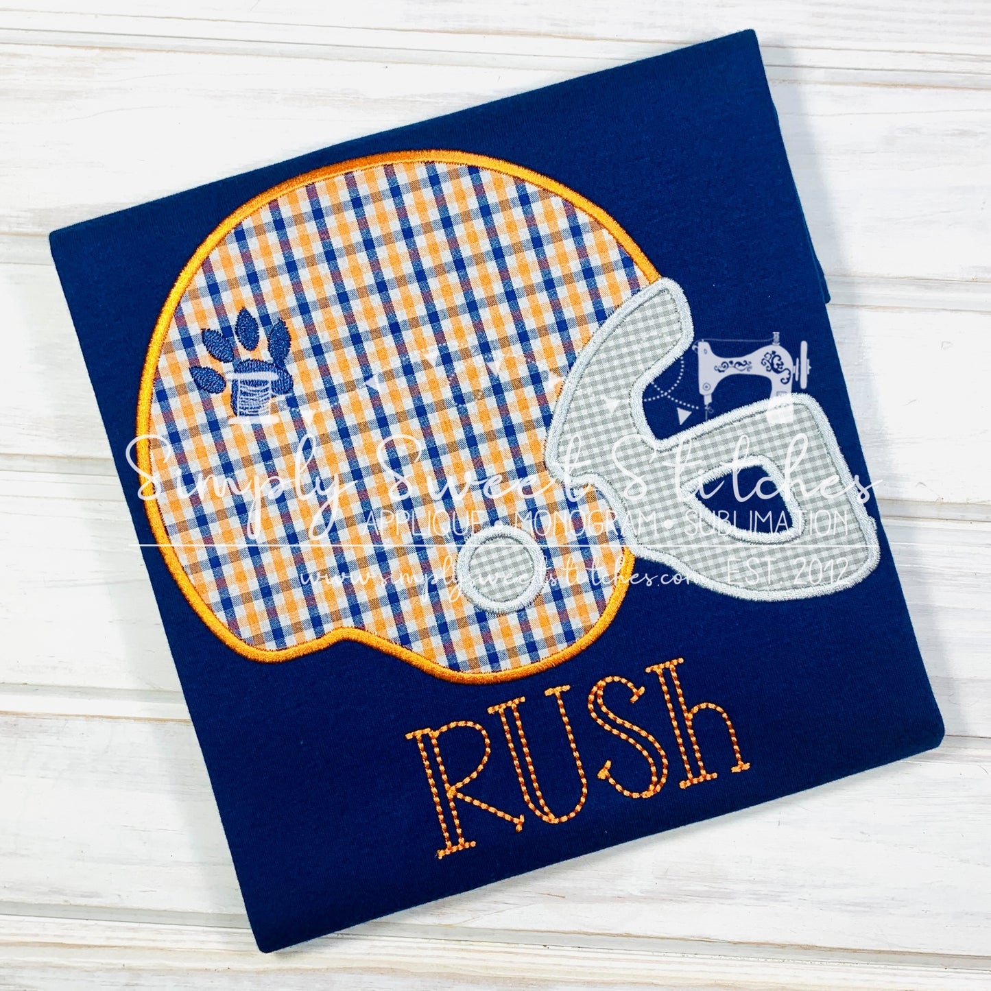 1467 - ORANGE & BLUE TIGER FOOTBALL HELMET - APPLIQUE CHILD SHIRT