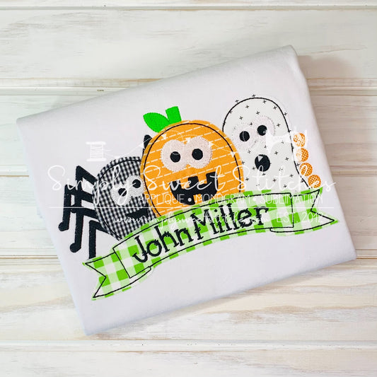 1806 - BOY HALLOWEEN TRIO WITH BANNER - APPLIQUE CHILD SHIRT