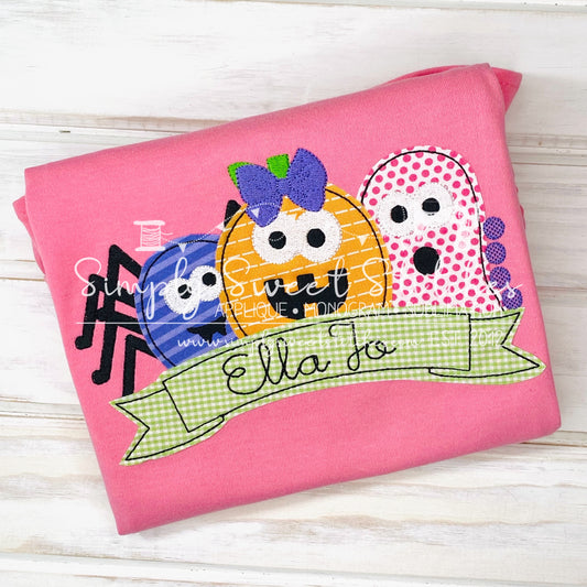 1807 - GIRL HALLOWEEN TRIO WITH BANNER - APPLIQUE CHILD SHIRT
