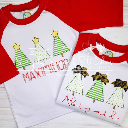 1841 - CHRISTMAS TREE WITH STARS TRIO - APPLIQUE CHILD SHIRT