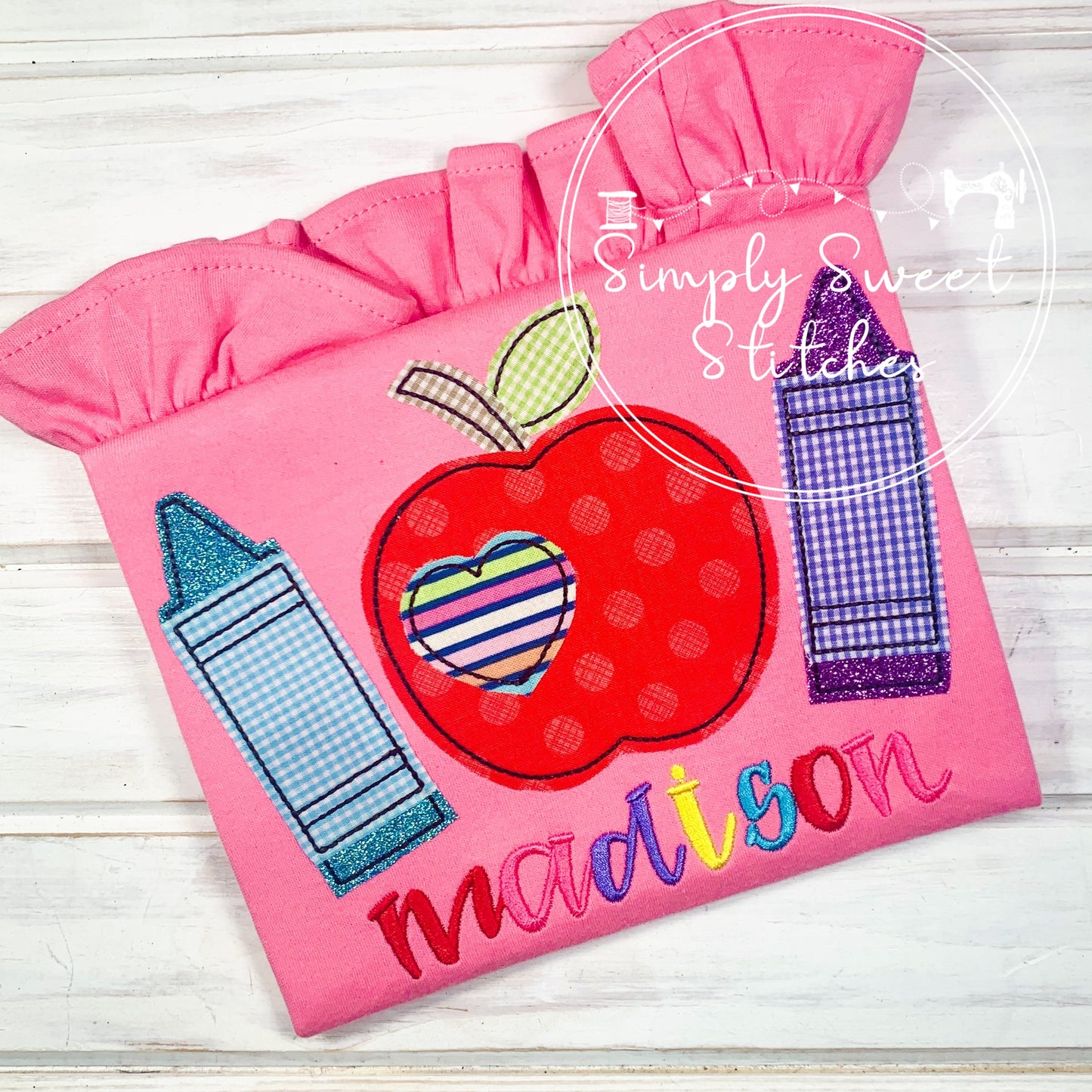 1739 - CRAYON AND APPLE TRIO - APPLIQUE CHILD SHIRT