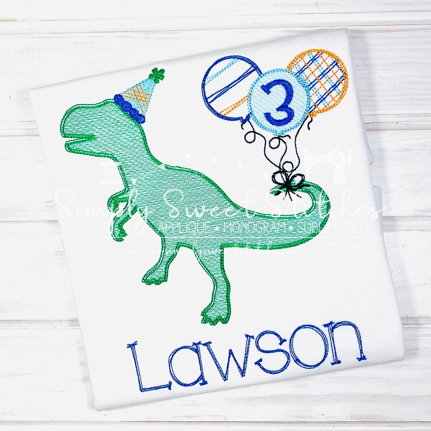 5086 - DINOSAUR BIRTHDAY BALLOONS SKETCH APPLIQUE - CHILD SHIRT