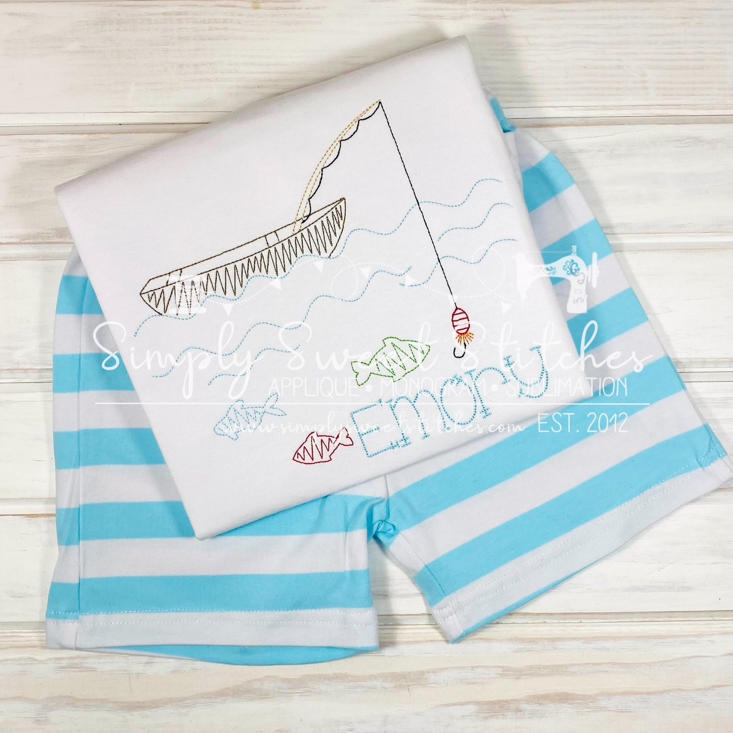 2982 - BOAT WITH FISHING POLE AND FISH SKETCH APPLIQUE - CHILD SHIRT