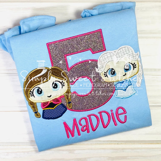 2033 - ICE QUEEN AND SNOW PRINCESS BIRTHDAY NUMBER - APPLIQUE CHILD SHIRT