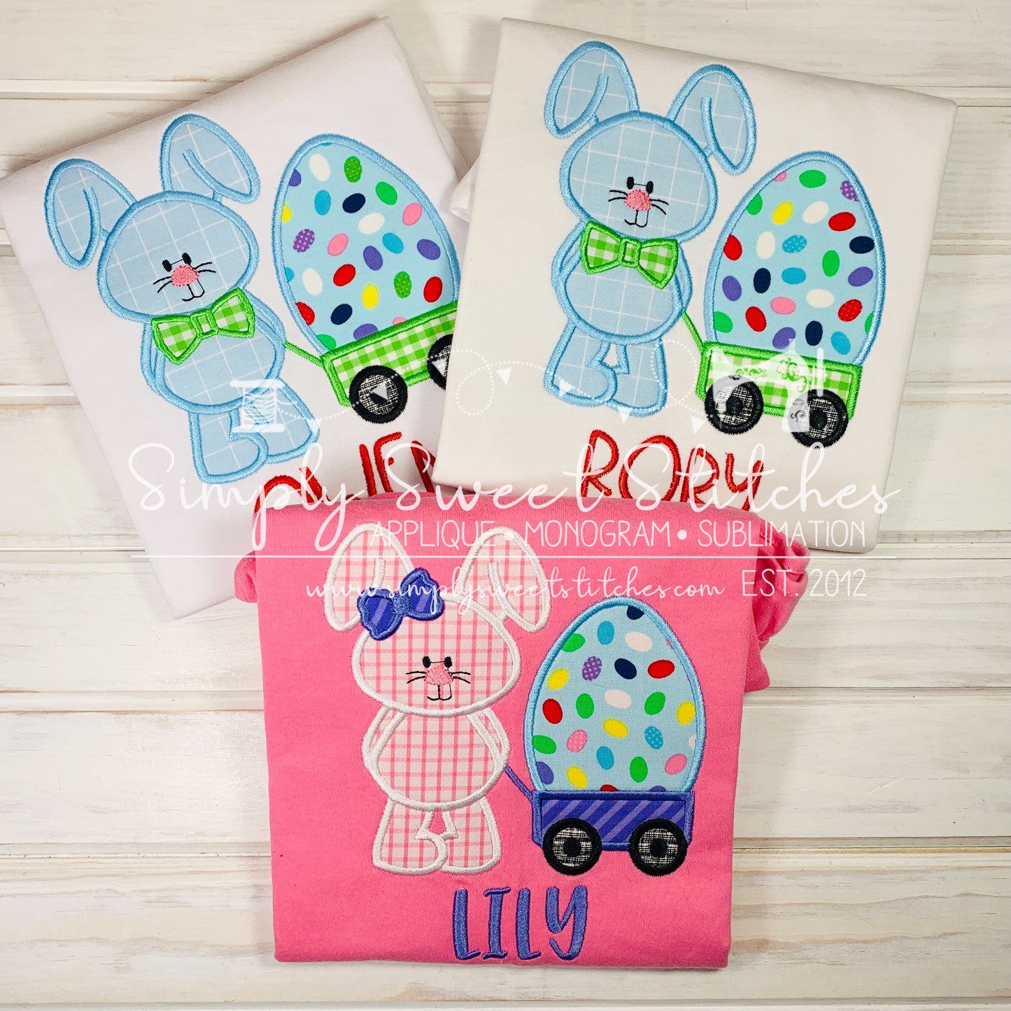1012 - GIRL EASTER BUNNY WITH EGG IN WAGON - APPLIQUE CHILD SHIRT