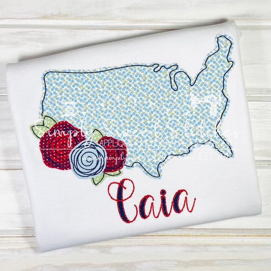 1608 - USA FLAG WITH FLOWERS - APPLIQUE CHILD SHIRT