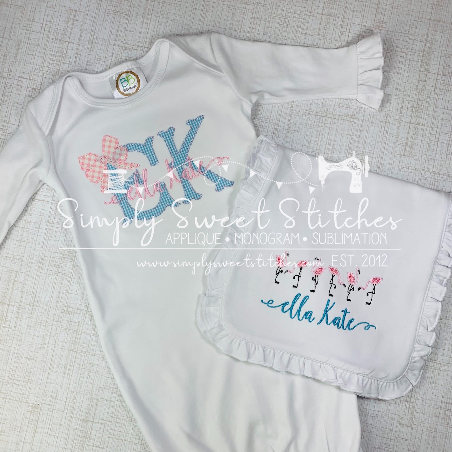 1764 - APPLIQUE INITIALS WITH BOW - APPLIQUE BABY GOWN