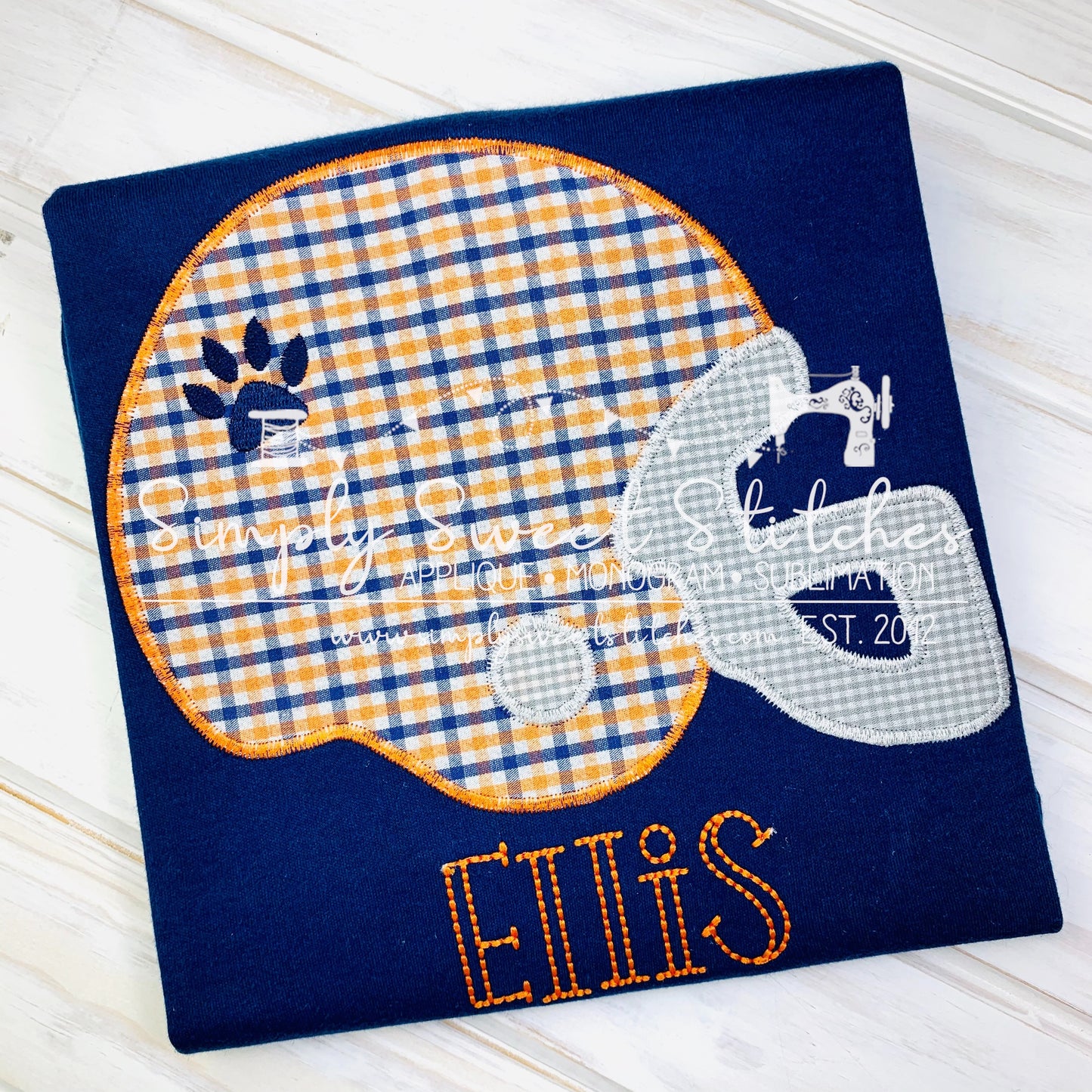 1467 - ORANGE & BLUE TIGER FOOTBALL HELMET - APPLIQUE CHILD SHIRT