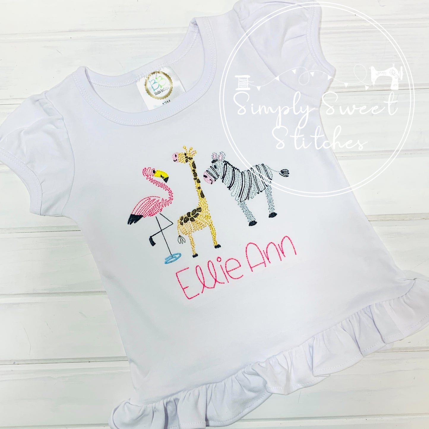 1596 - SWIRLY ZOO FLAMINGO GIRAFFE ZEBRA - SKETCH CHILD SHIRT
