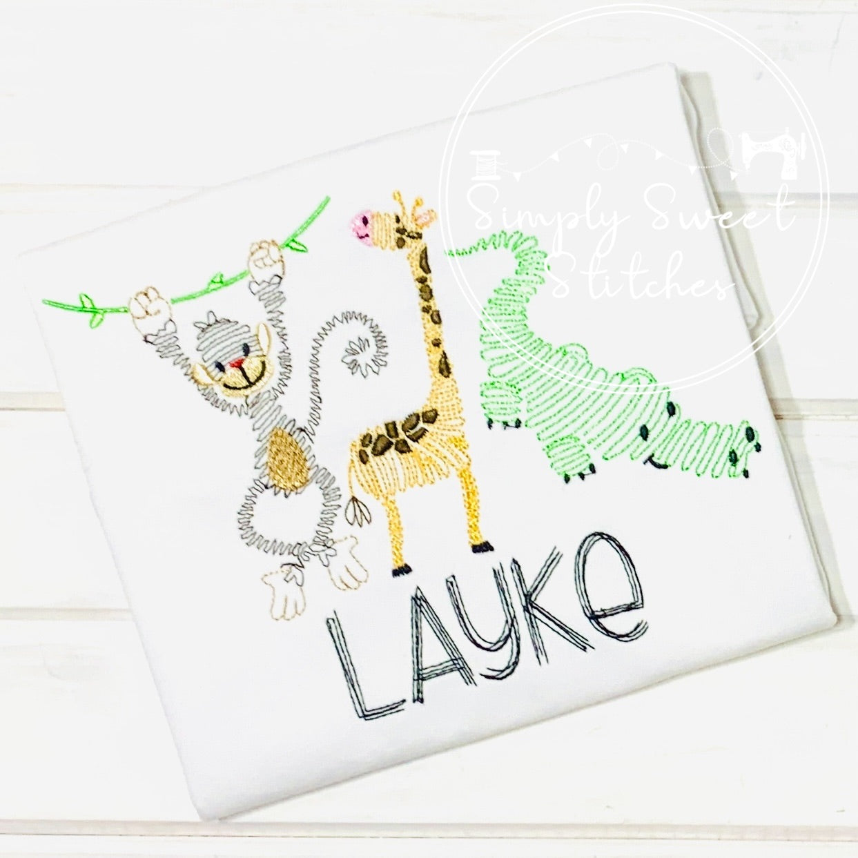 1593 - SWIRLY ZOO MONKEY GIRAFFE CROC - SKETCH CHILD SHIRT