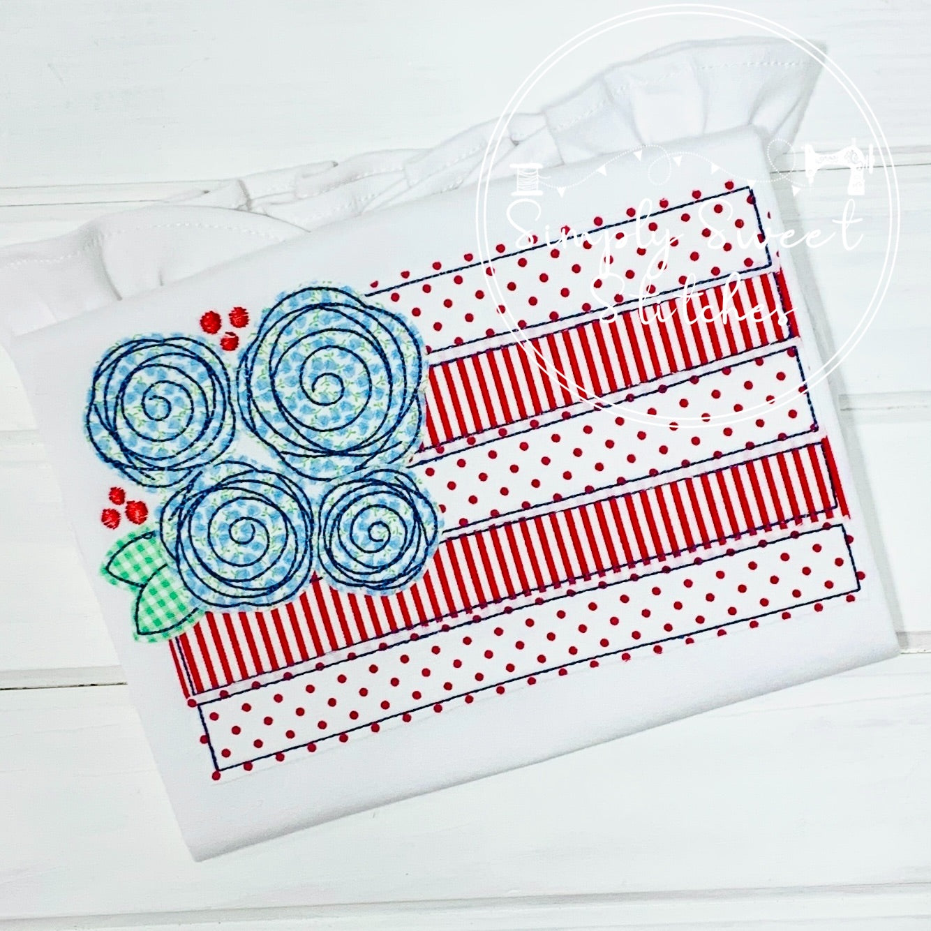 1603 - PATRIOTIC FLAG WITH FLOWERS - APPLIQUE CHILD SHIRT