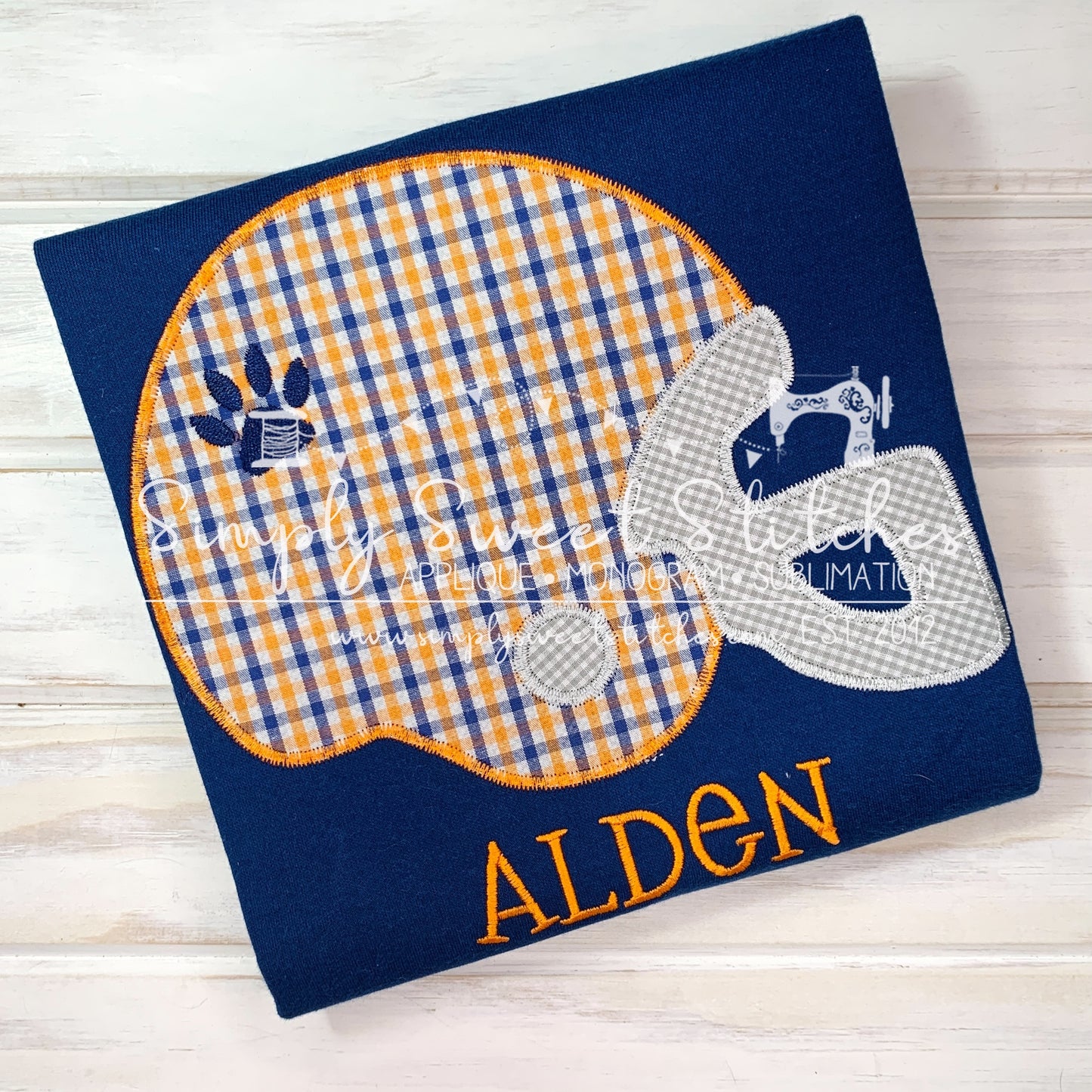 1467 - ORANGE & BLUE TIGER FOOTBALL HELMET - APPLIQUE CHILD SHIRT