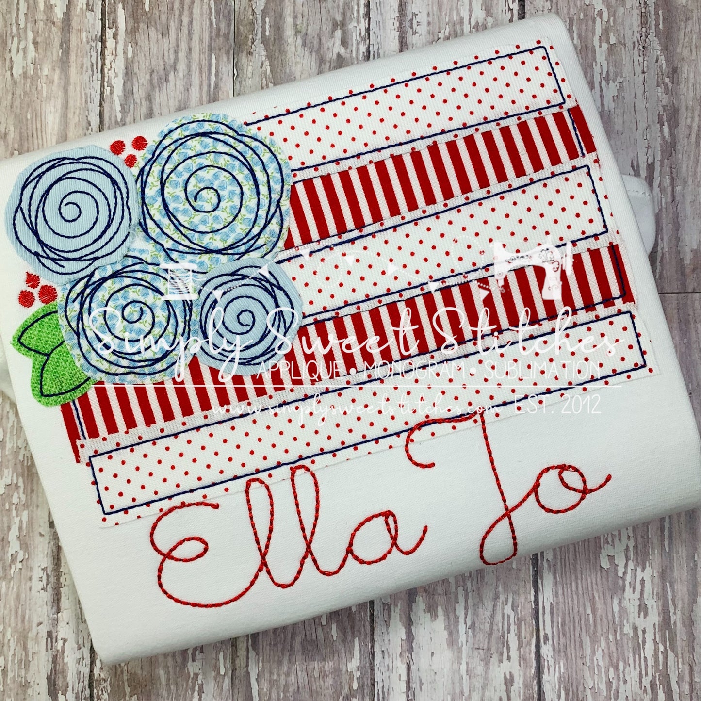 1603 - PATRIOTIC FLAG WITH FLOWERS - APPLIQUE CHILD SHIRT
