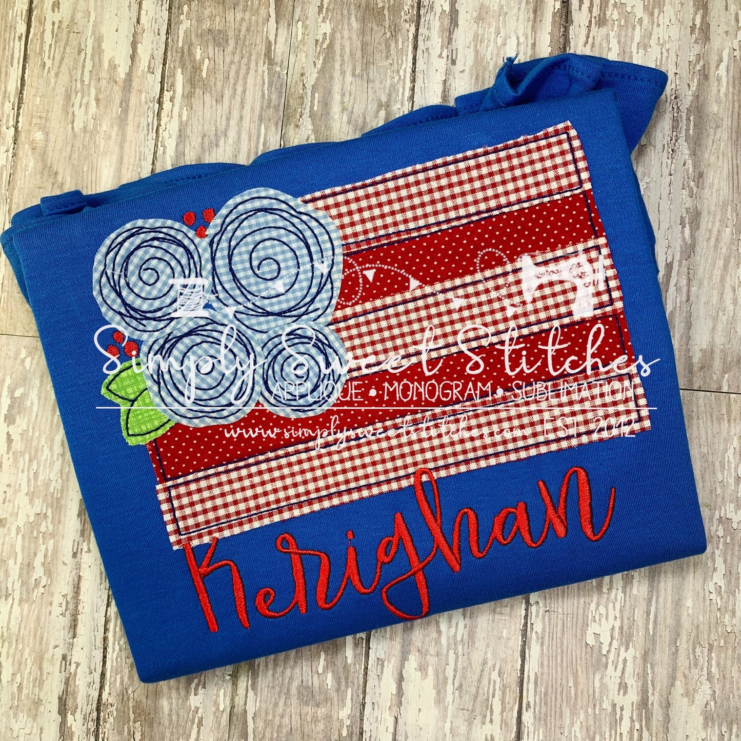 1603 - PATRIOTIC FLAG WITH FLOWERS - APPLIQUE CHILD SHIRT