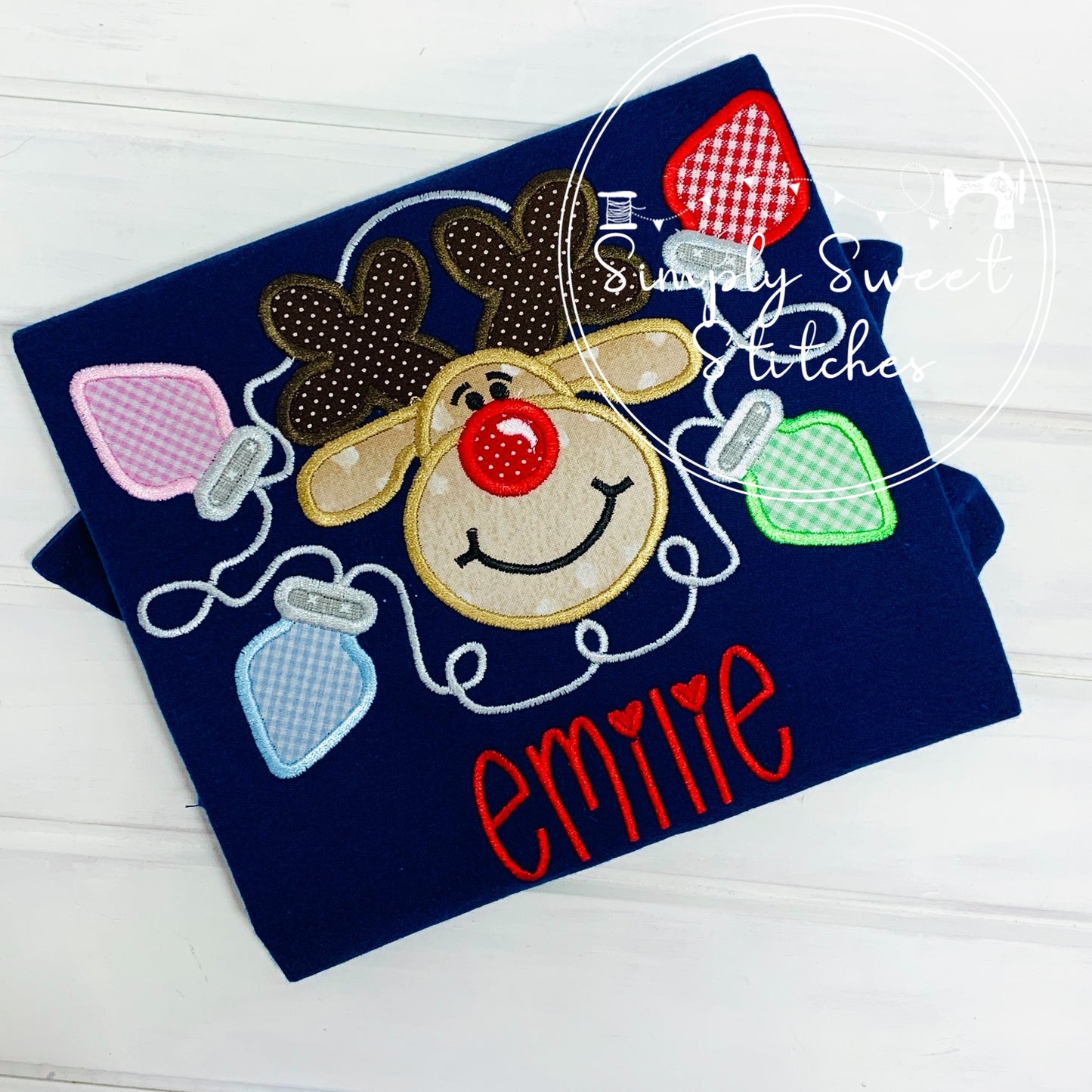 1305 - REINDEER WITH LIGHTS - APPLIQUE CHILD SHIRT