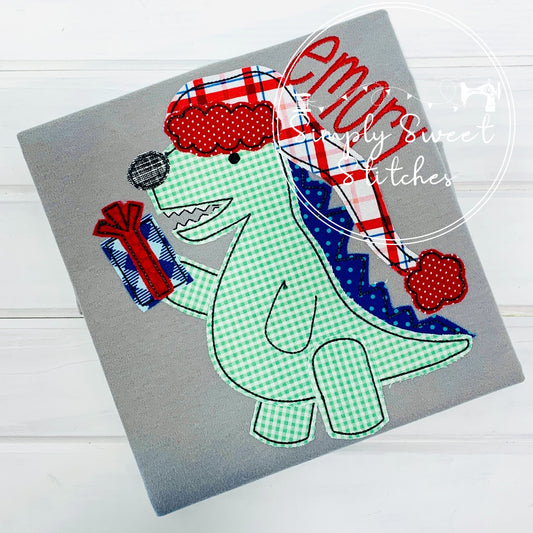 2171 - SANTA DINO WITH PRESENT - APPLIQUE CHILD SHIRT
