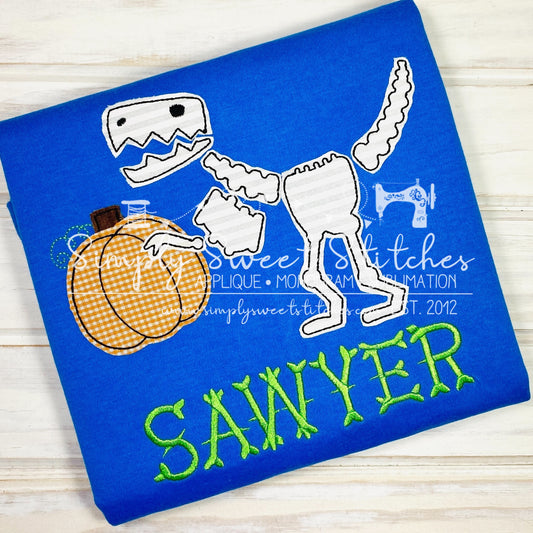 1811 - DINOSAUR SKELETON WITH PUMPKIN - APPLIQUE CHILD SHIRT