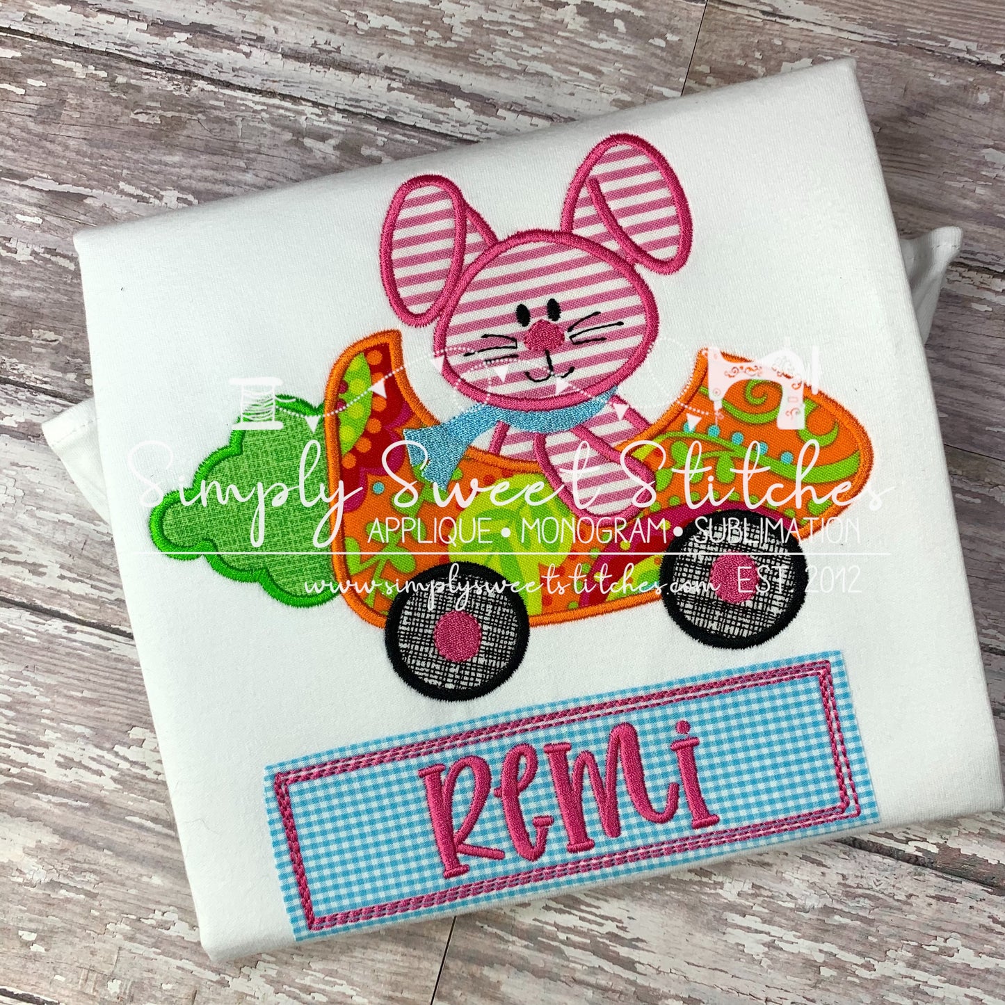 1548 -BUNNY IN CARROT CAR - APPLIQUE CHILD SHIRT