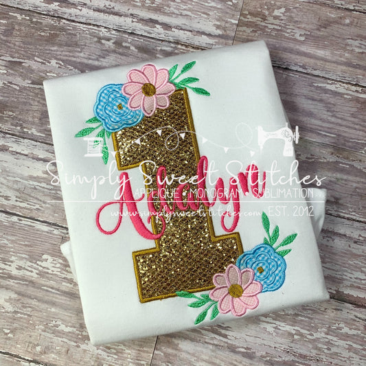 1647 - FLORAL BIRTHDAY NUMBER - APPLIQUE CHILD SHIRT