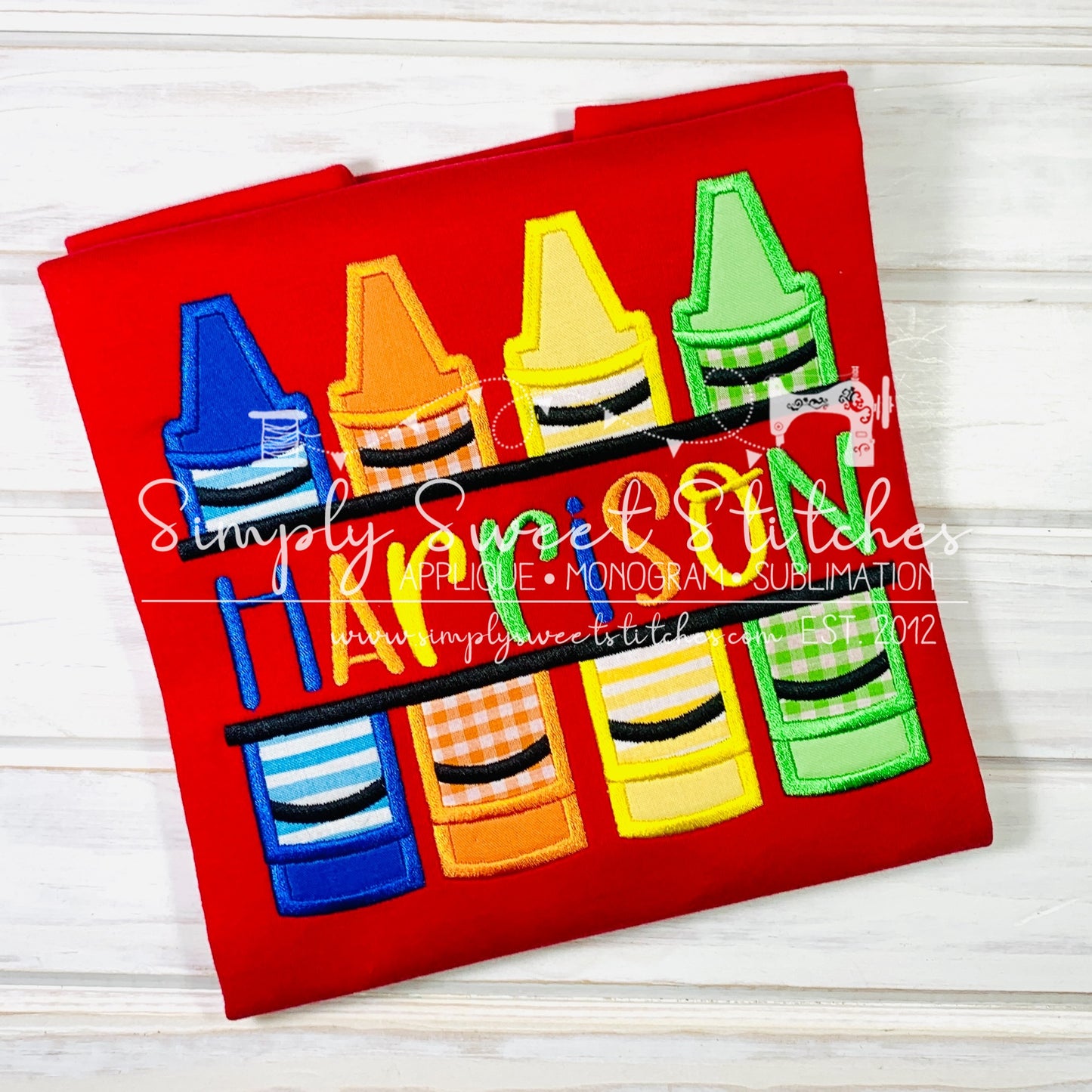2142 - SPLIT CRAYON WITH NAME SATIN - APPLIQUE CHILD SHIRT