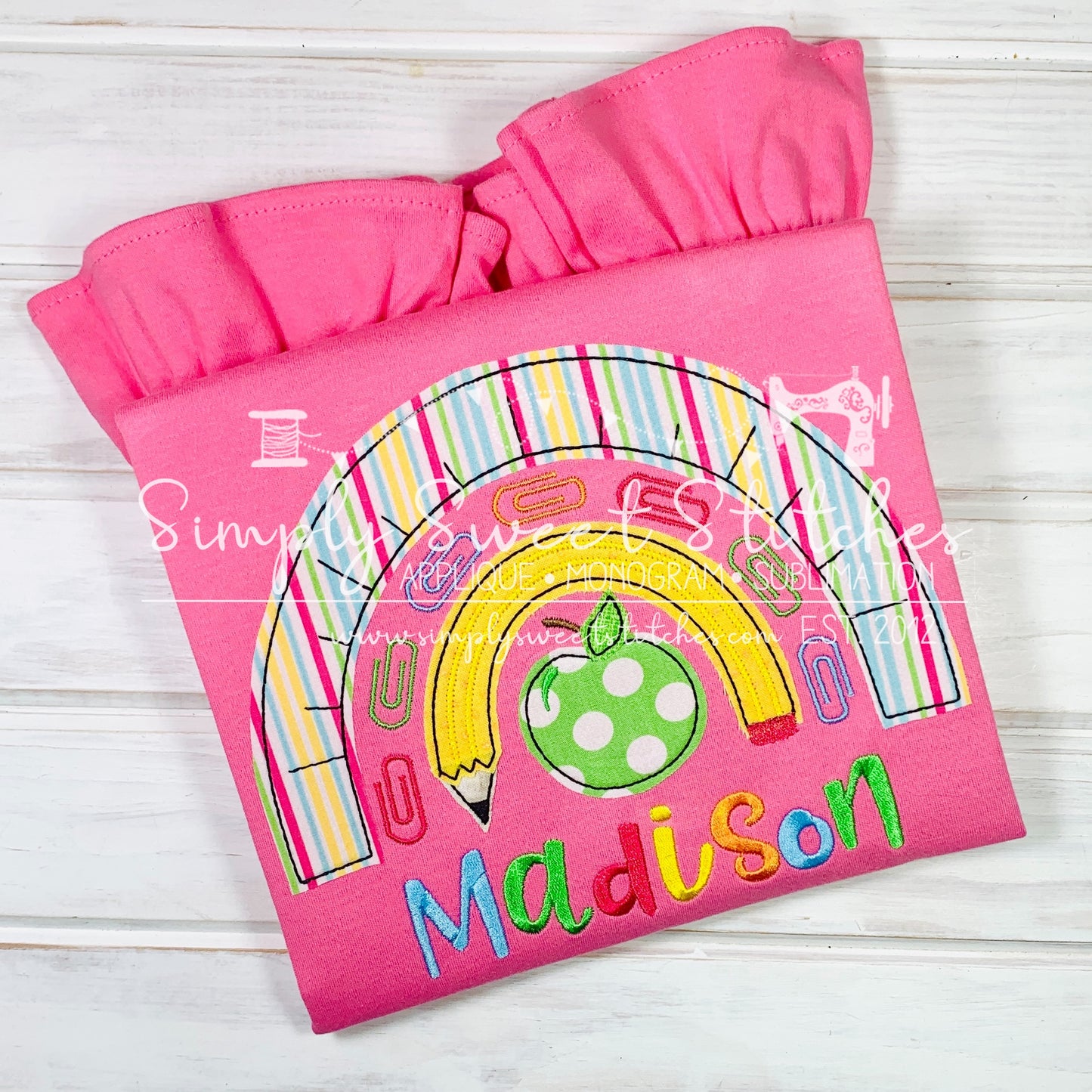 1002 - SCHOOL SUPPLIES RAINBOW - APPLIQUE CHILD SHIRT