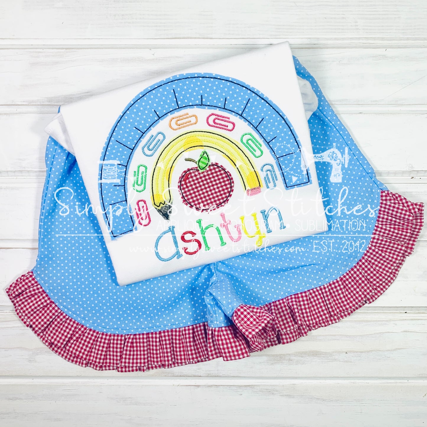 1002 - SCHOOL SUPPLIES RAINBOW - APPLIQUE CHILD SHIRT