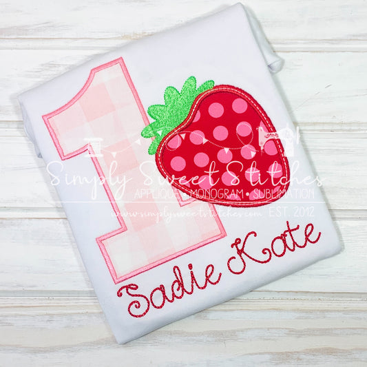 1465 - STRAWBERRY NUMBER BIRTHDAY NUMBER - APPLIQUE CHILD SHIRT