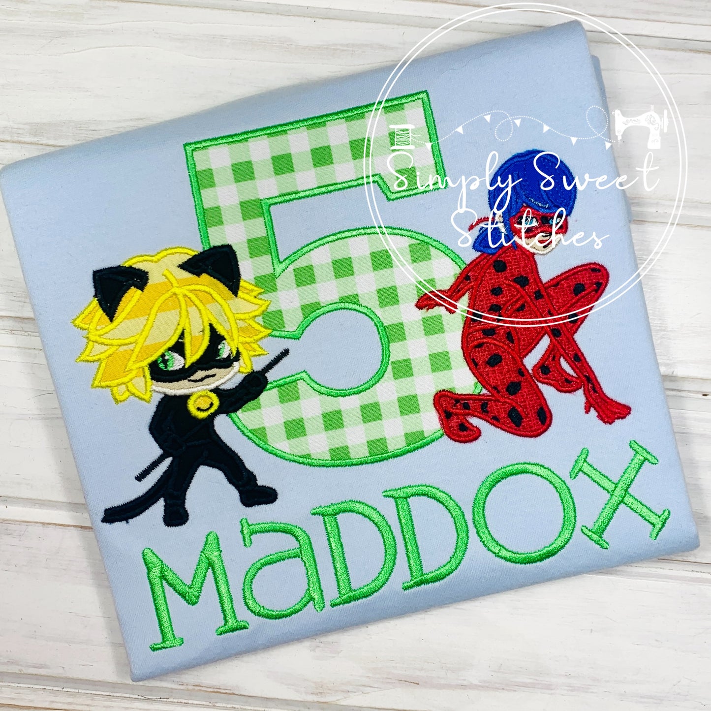 2190 - MIRACULOUS LADYBUG AND CAT NOIR BIRTHDAY - APPLIQUE CHILD SHIRT