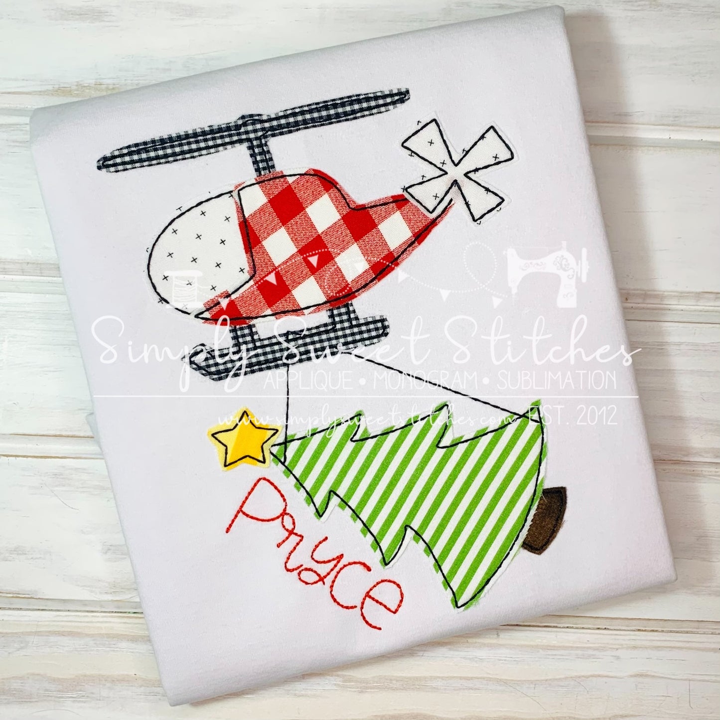 1859 - CHRISTMAS TREE WITH HELICOPTER - APPLIQUE CHILD SHIRT