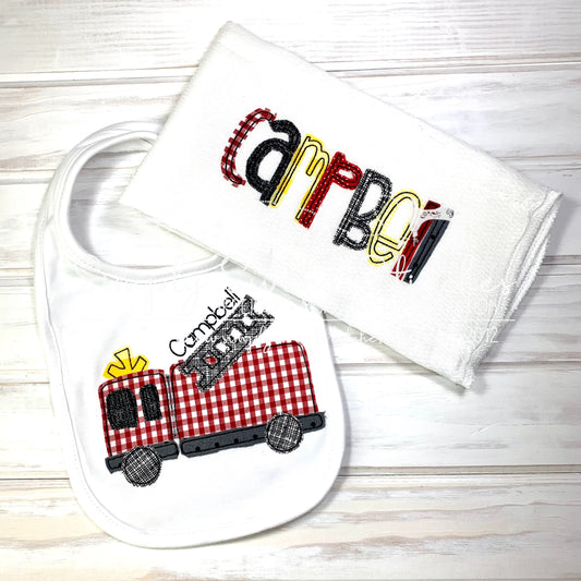 1840 - FIRE TRUCK - APPLIQUE BIB &  BURP CLOTH