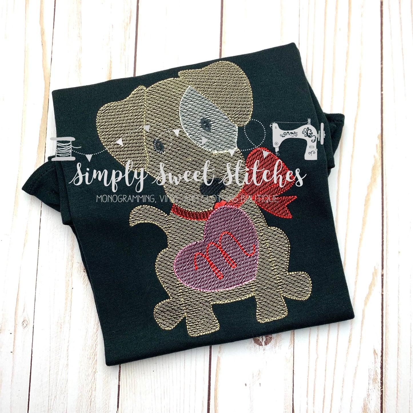 1596 - GIRL PUP WITH HEART SKETCH APPLIQUE - CHILD SHIRT