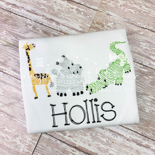 1589 - SWIRLY ZOO GIRAFFE HIPPO CROC - SKETCH CHILD SHIRT