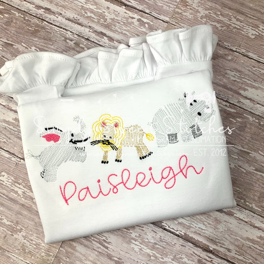 1591 - SWIRLY ZOO ELEPHANT LION RHINO - SKETCH CHILD SHIRT