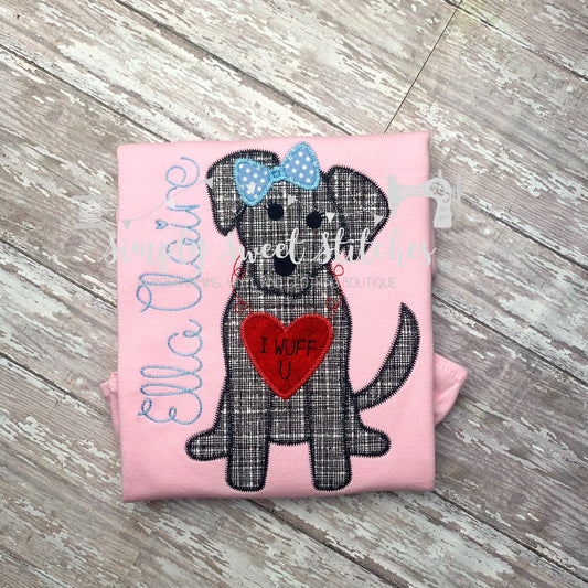 1287 - GIRL PUPPY I WUFF U - APPLIQUE CHILD SHIRT