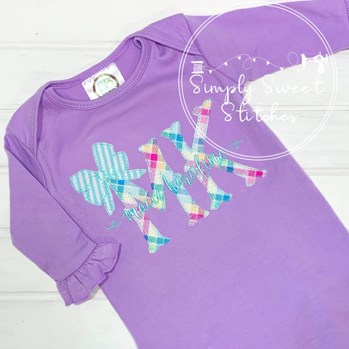 1764 - APPLIQUE INITIALS WITH BOW - APPLIQUE BABY GOWN