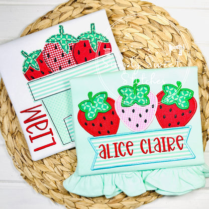 1761 - STRAWBERRY TRIO WITH NAME BANNER - APPLIQUE CHILD SHIRT