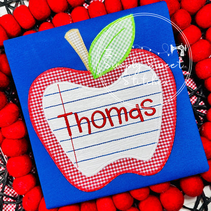 2554 - NOTEBOOK PAPER APPLE WITH NAME - APPLIQUE CHILD SHIRT